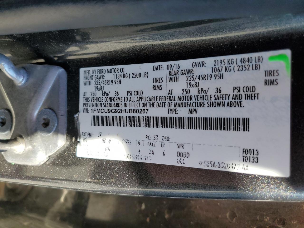 2017 Ford Escape Se VIN: 1FMCU9G92HUB80267 Lot: 87454075