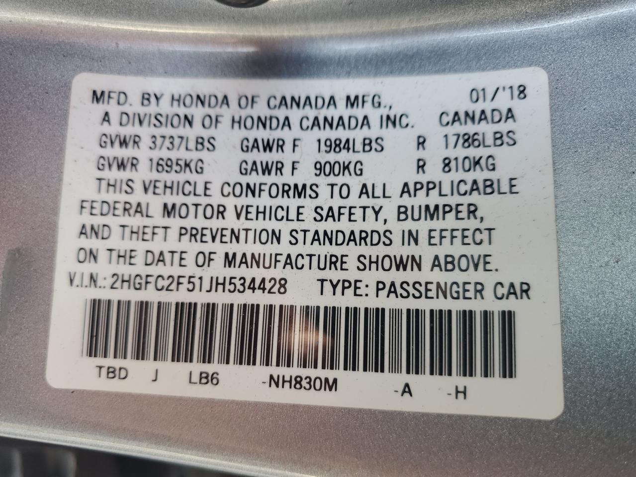 2018 Honda Civic Lx VIN: 2HGFC2F51JH534428 Lot: 83977545