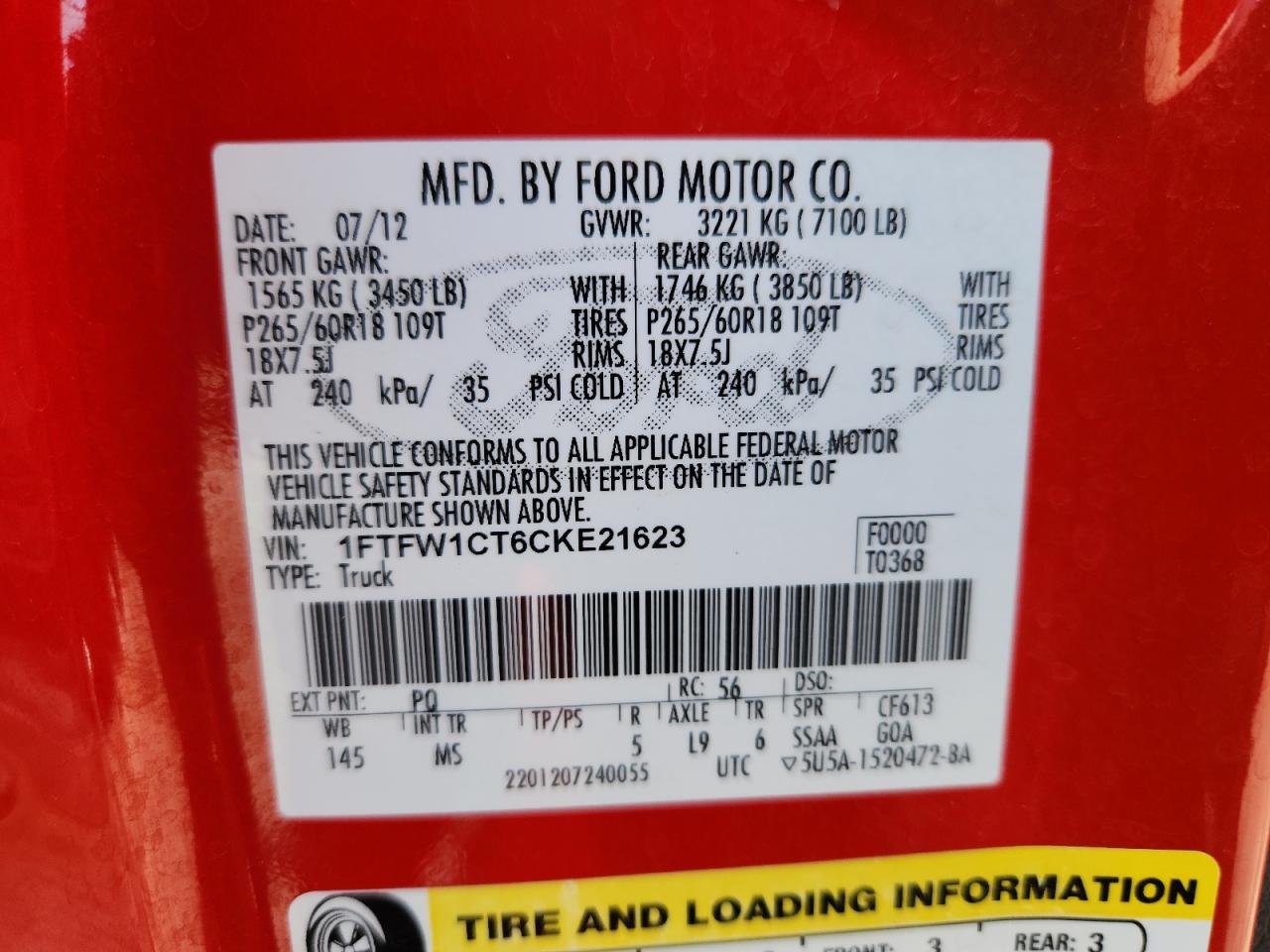 2012 Ford F150 Supercrew VIN: 1FTFW1CT6CKE21623 Lot: 93867735