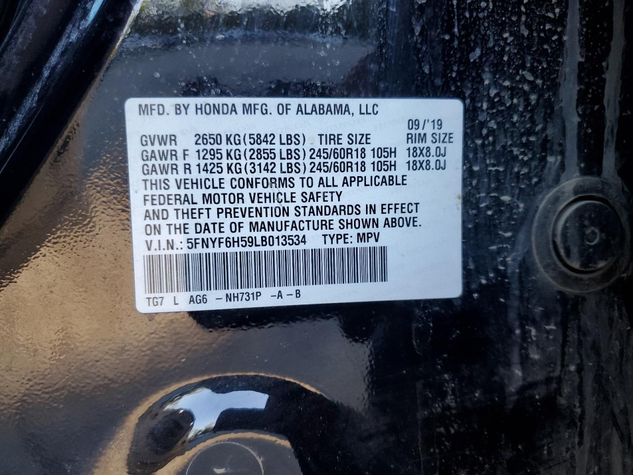 2020 Honda Pilot Exl VIN: 5FNYF6H59LB013534 Lot: 81989425