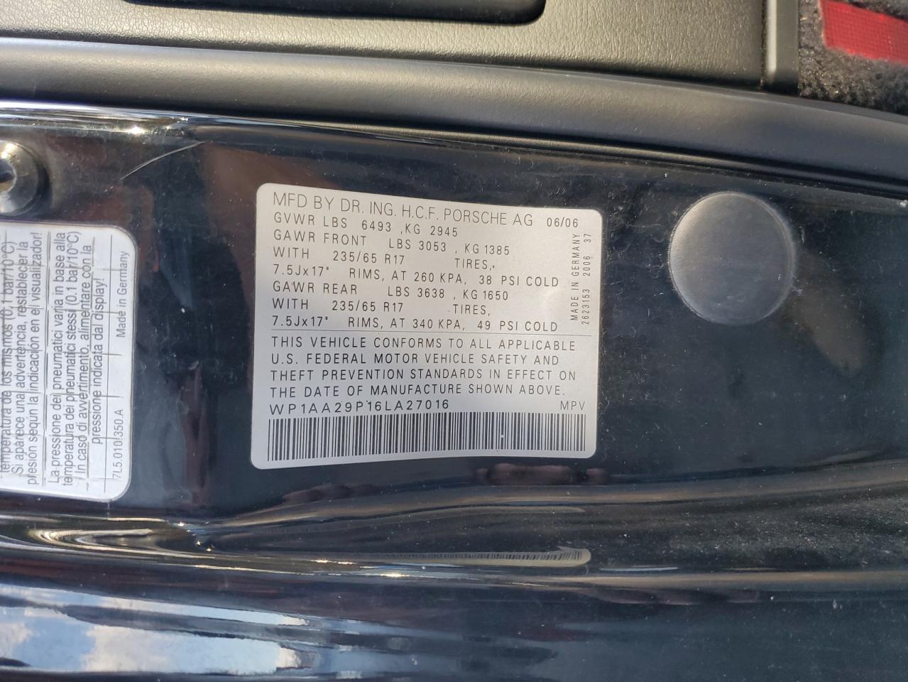 2006 Porsche Cayenne VIN: WP1AA29P16LA27016 Lot: 89847255