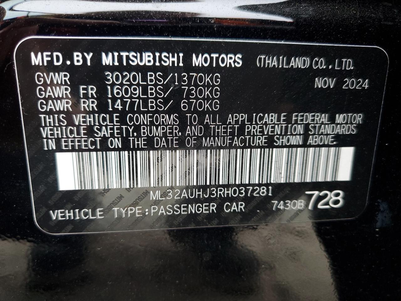 2024 Mitsubishi Mirage Es VIN: ML32AUHJ3RH037281 Lot: 90520235