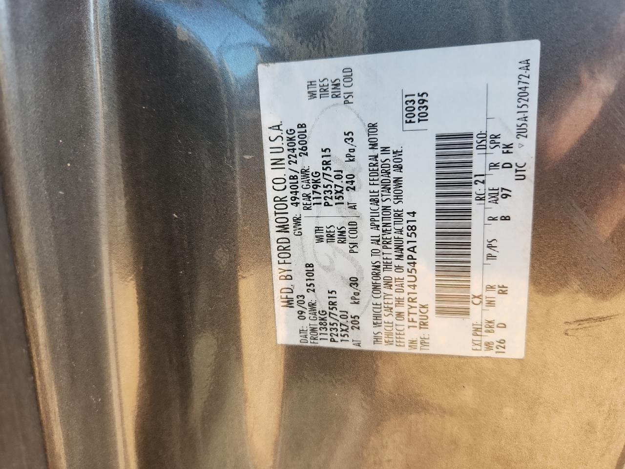 2004 Ford Ranger Super Cab VIN: 1FTYR14U54PA15814 Lot: 84522765