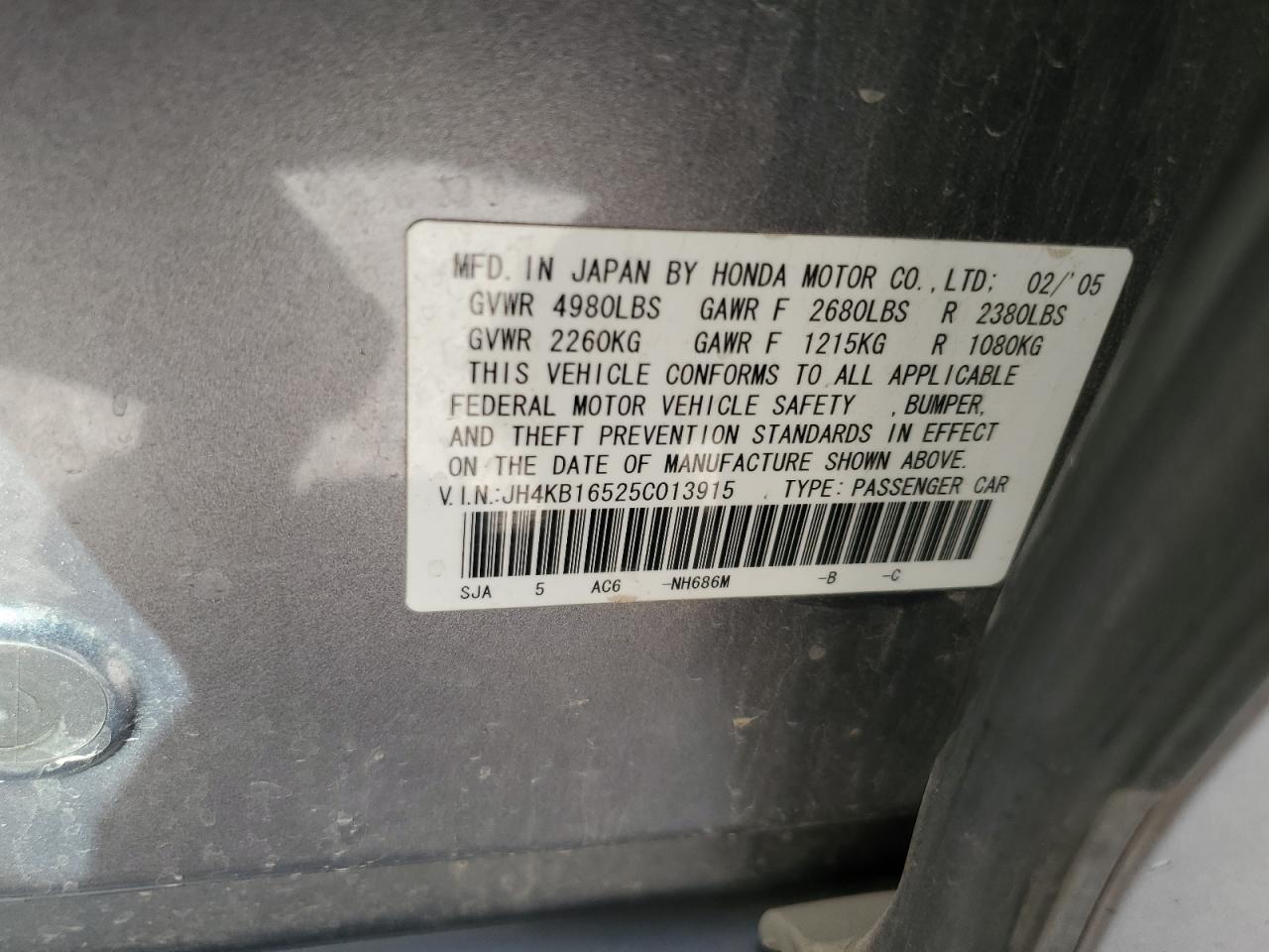 2005 Acura Rl VIN: JH4KB16525C013915 Lot: 87257025