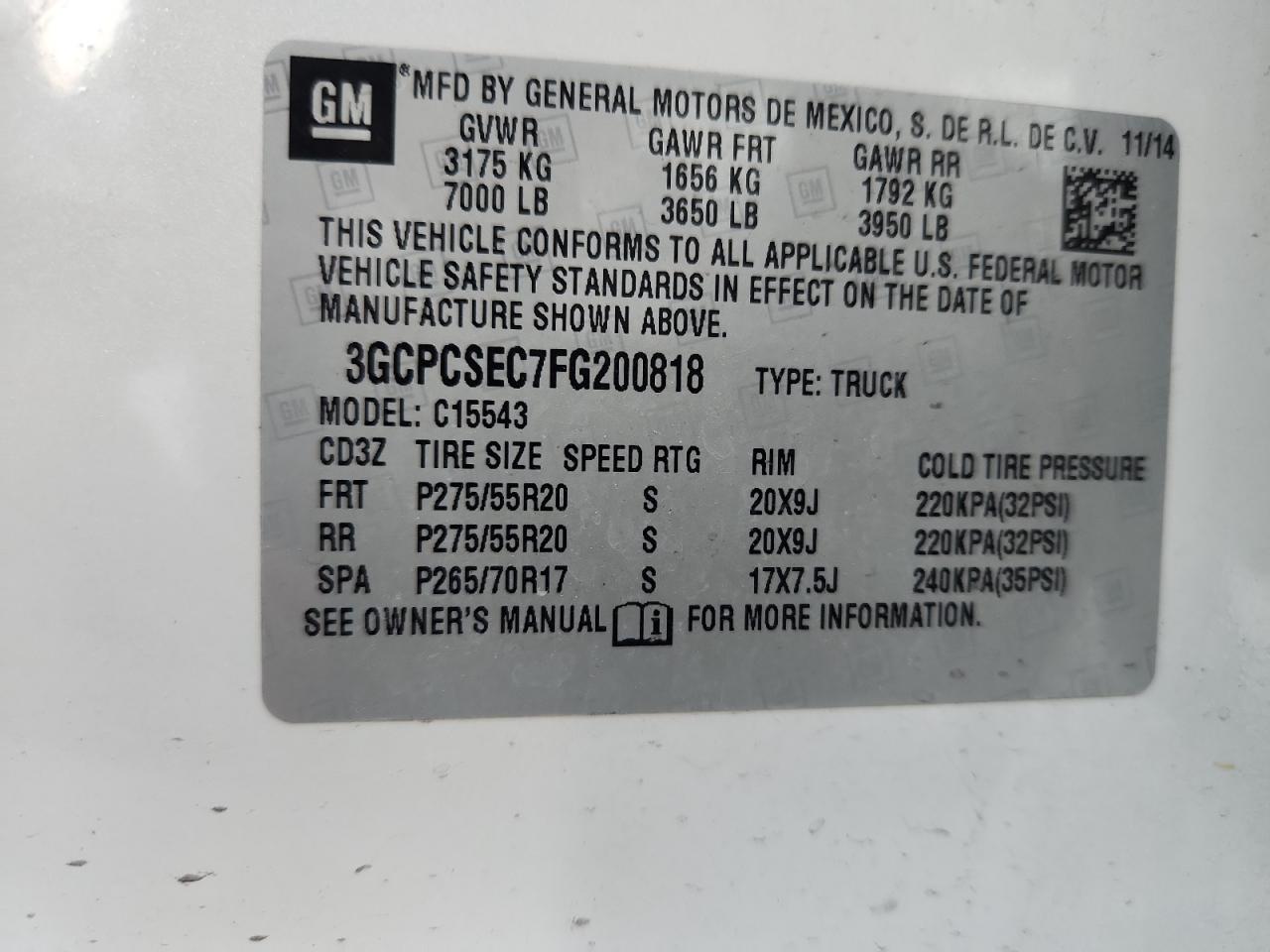 2015 Chevrolet Silverado C1500 Ltz VIN: 3GCPCSEC7FG200818 Lot: 86291355