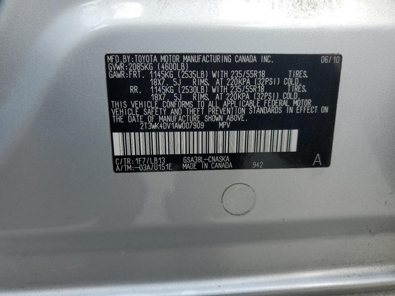 2010 Toyota Rav4 Sport VIN: 2T3WK4DV1AW007909 Lot: 82401955