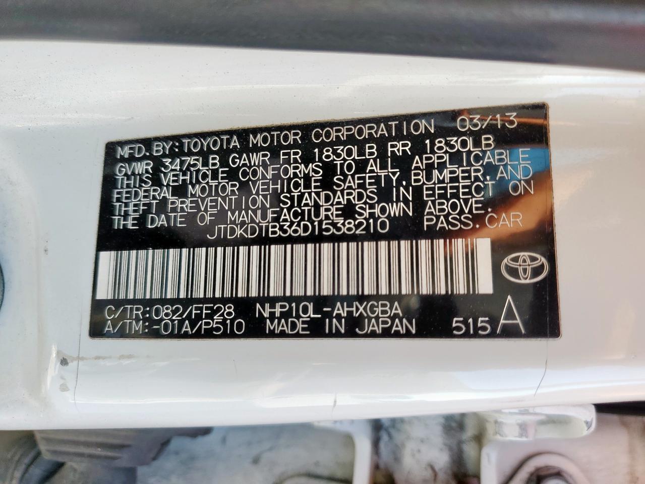 2013 Toyota Prius C VIN: JTDKDTB36D1538210 Lot: 85852445