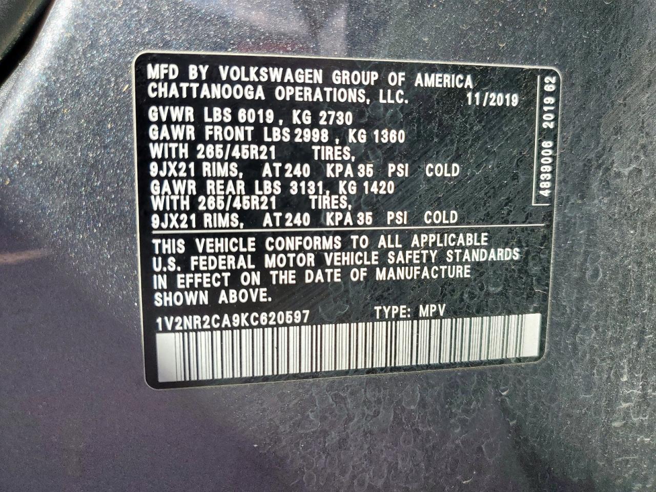 2019 Volkswagen Atlas Sel Premium VIN: 1V2NR2CA9KC620597 Lot: 84837465