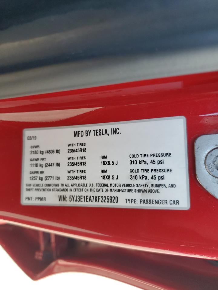 2019 Tesla Model 3 VIN: 5YJ3E1EA7KF325920 Lot: 86474995