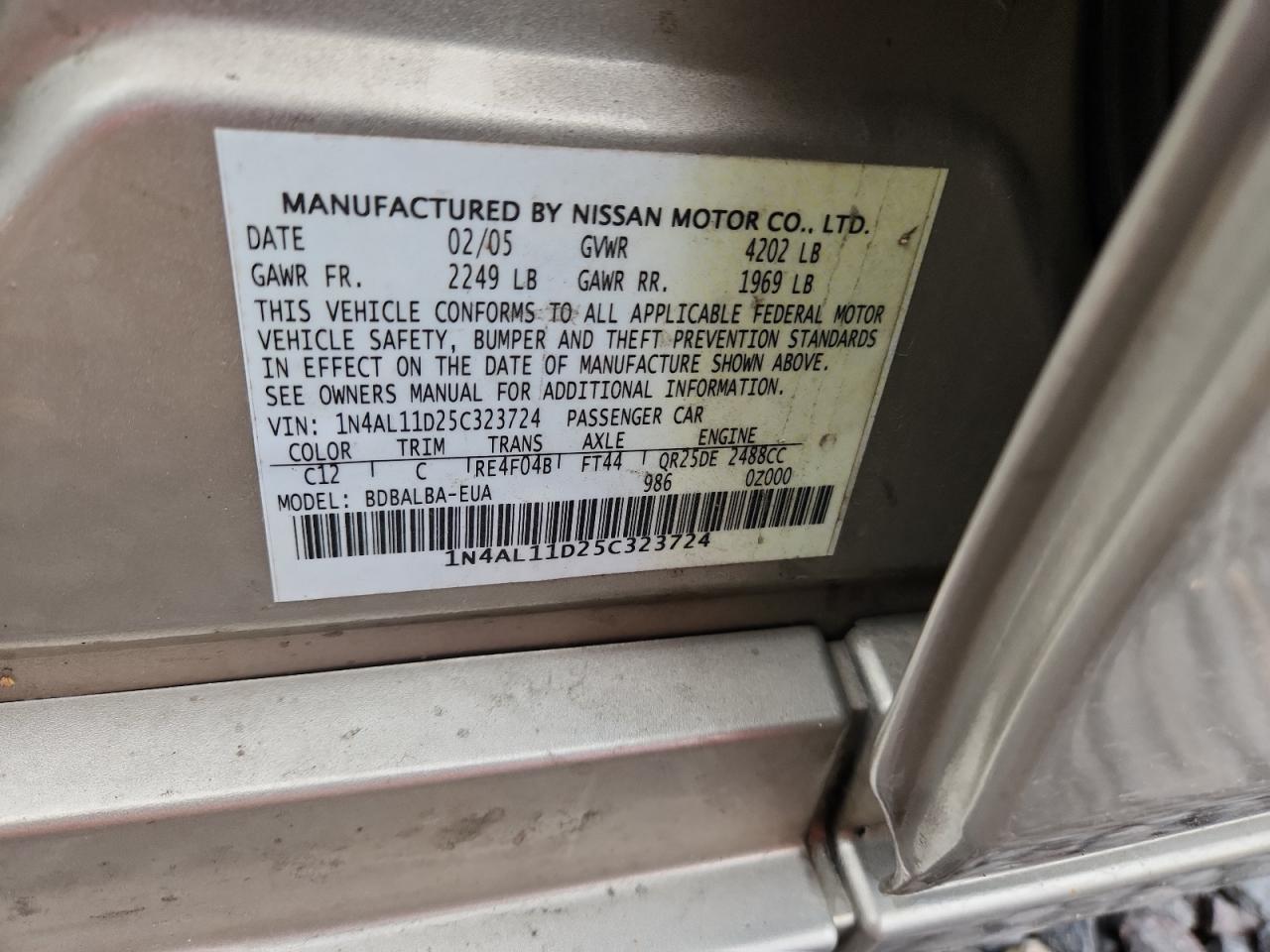 2005 Nissan Altima S VIN: 1N4AL11D25C323724 Lot: 90505255