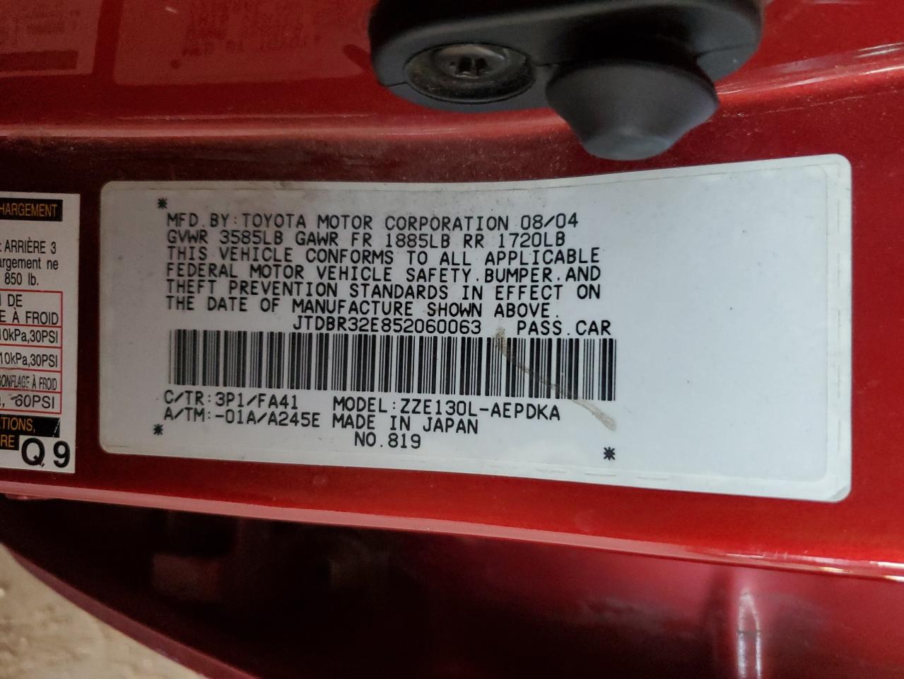 2005 Toyota Corolla Ce VIN: JTDBR32E852060063 Lot: 90829665