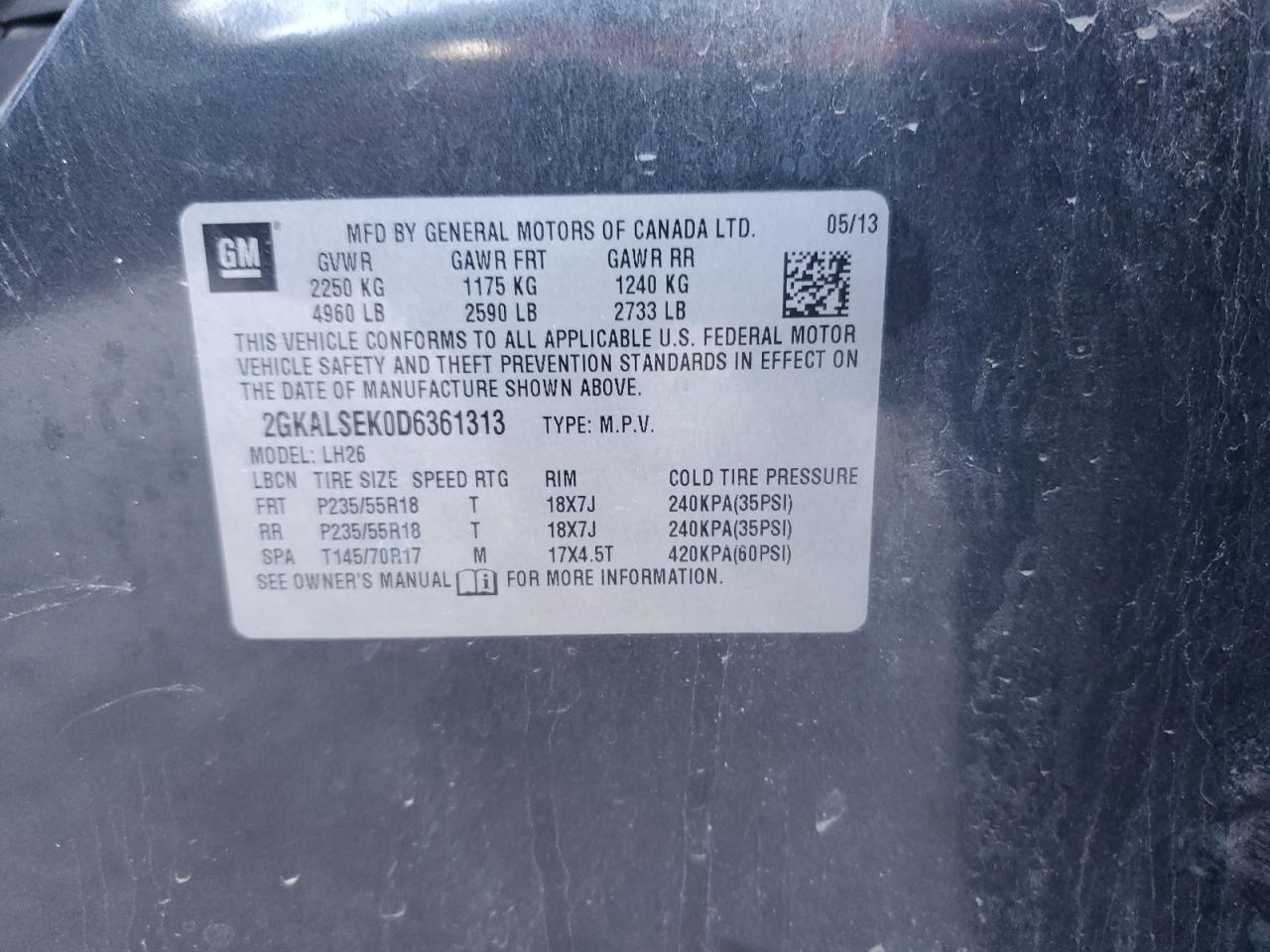 2013 GMC Terrain Sle VIN: 2GKALSEK0D6361313 Lot: 85380665