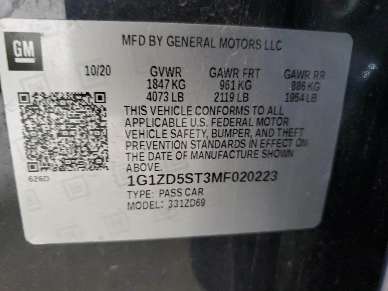 2021 Chevrolet Malibu Lt VIN: 1G1ZD5ST3MF020223 Lot: 85322595