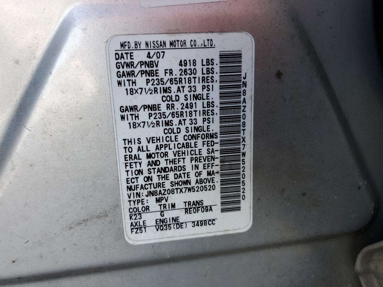 2007 Nissan Murano Sl VIN: JN8AZ08TX7W520520 Lot: 82482355