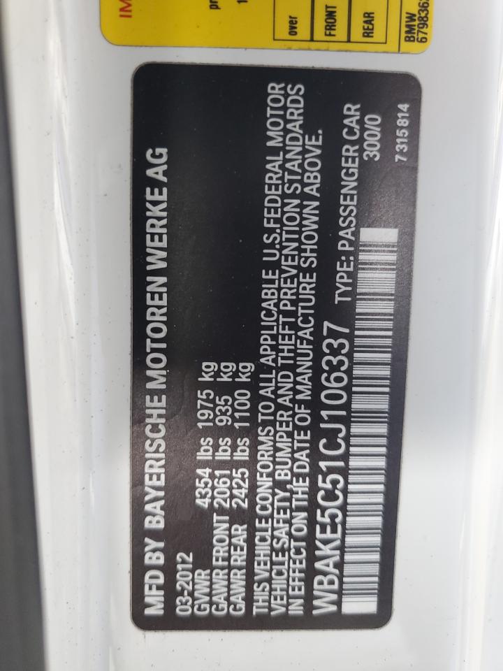 2012 BMW 328 I Sulev VIN: WBAKE5C51CJ106337 Lot: 82383085