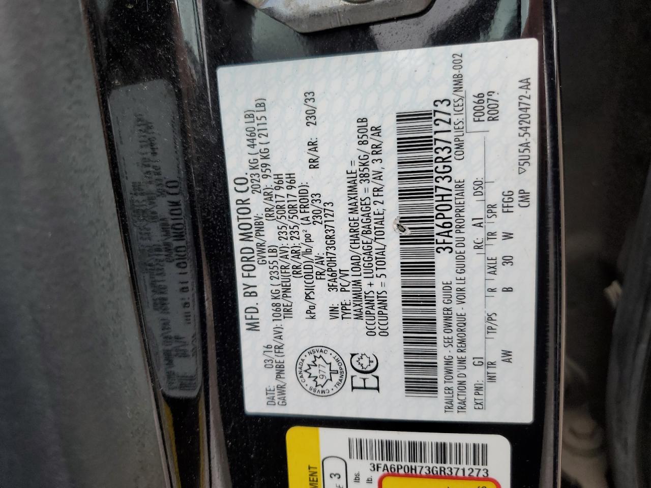 2016 Ford Fusion Se VIN: 3FA6P0H73GR371273 Lot: 85332855