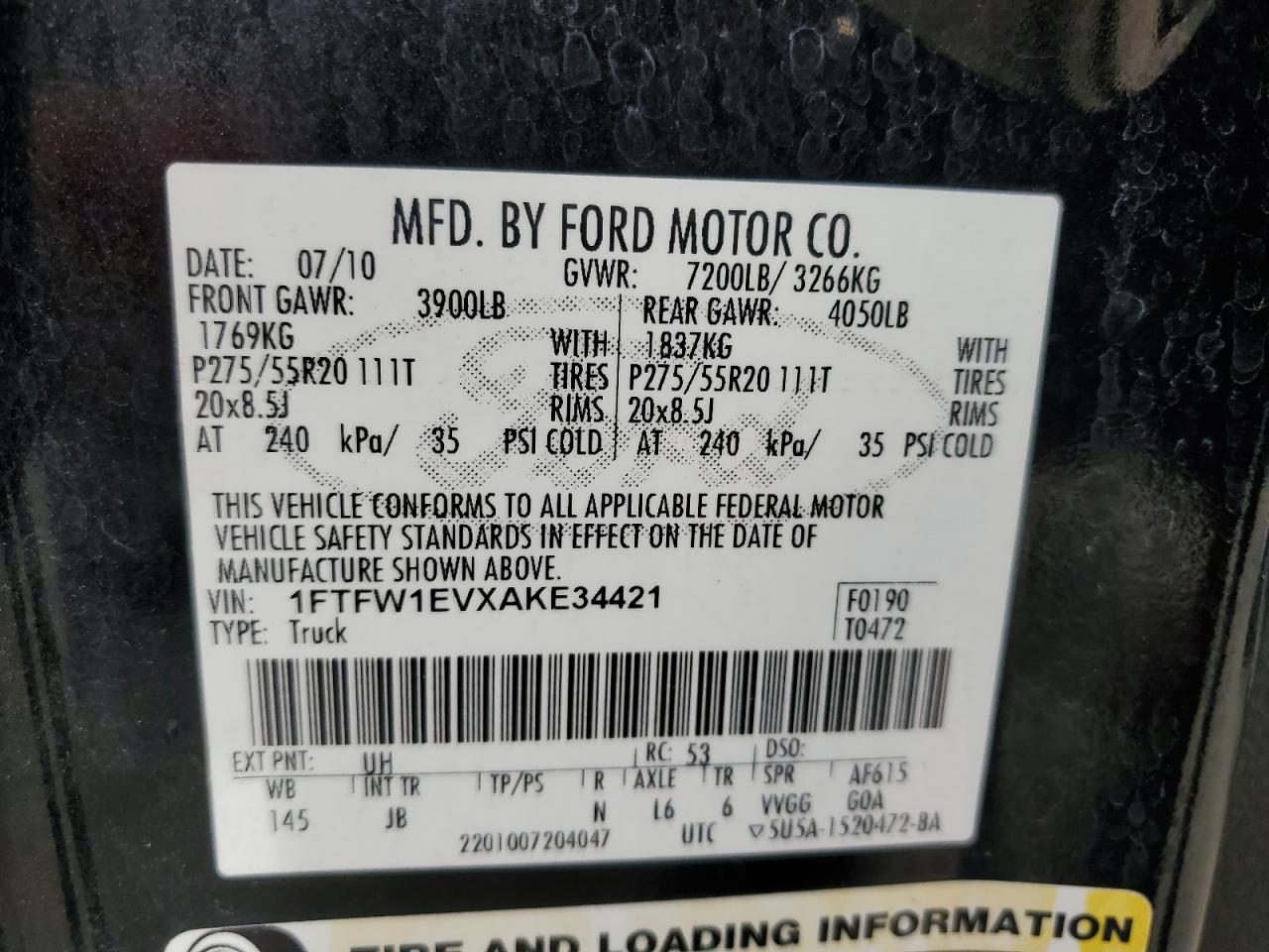 2010 Ford F150 Supercrew VIN: 1FTFW1EVXAKE34421 Lot: 86293375