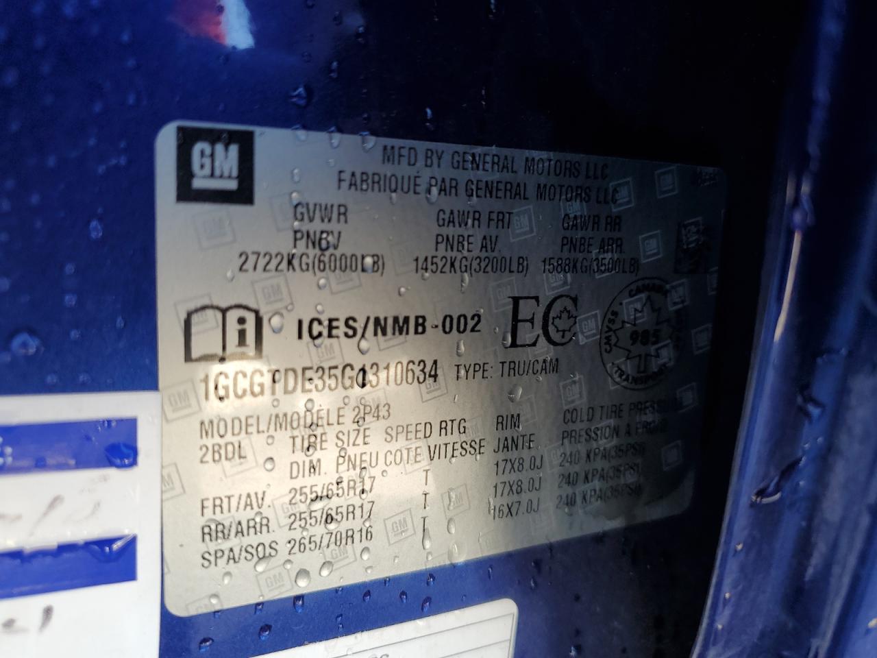 2016 Chevrolet Colorado Z71 VIN: 1GCGTDE35G1310634 Lot: 84578165