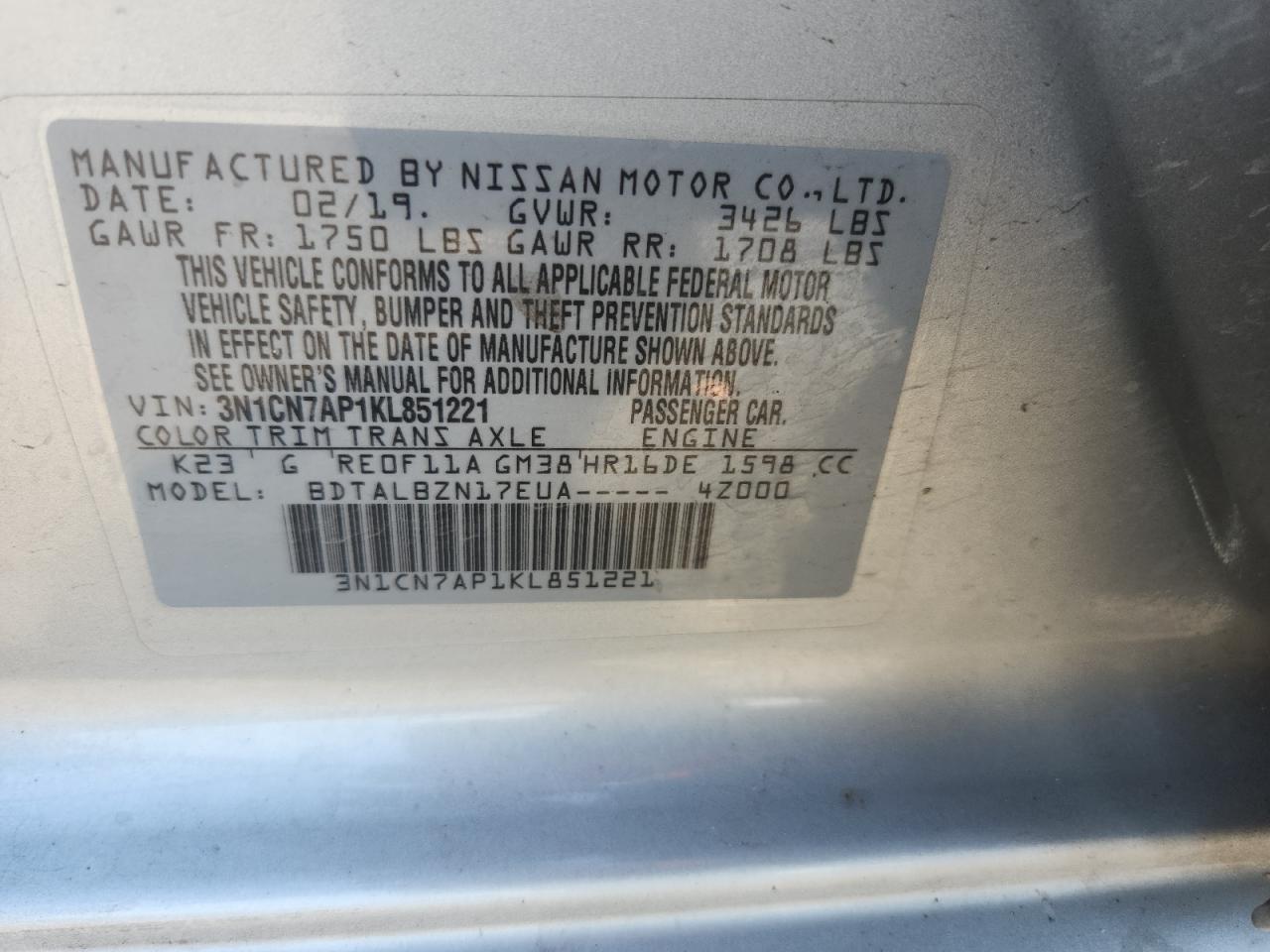 2019 Nissan Versa S VIN: 3N1CN7AP1KL851221 Lot: 85698165