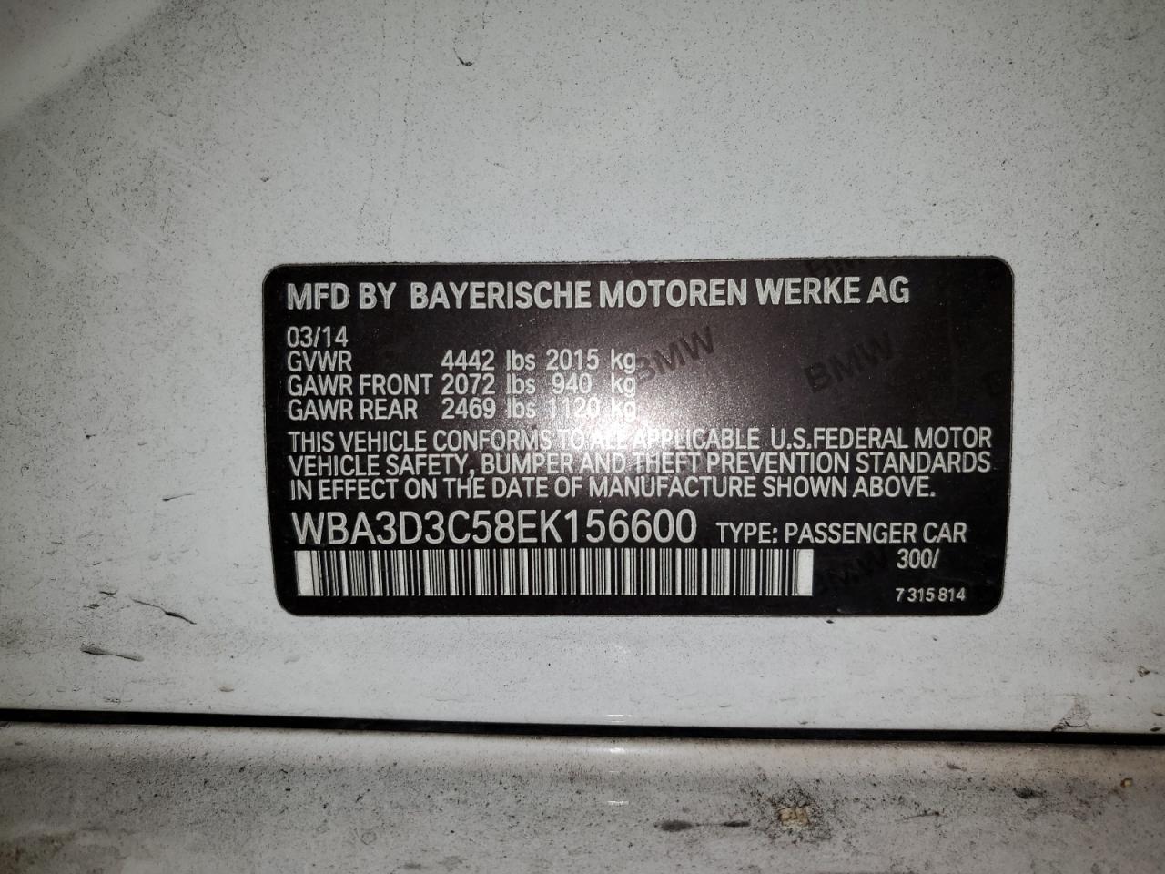 2014 BMW 328 D VIN: WBA3D3C58EK156600 Lot: 82431805