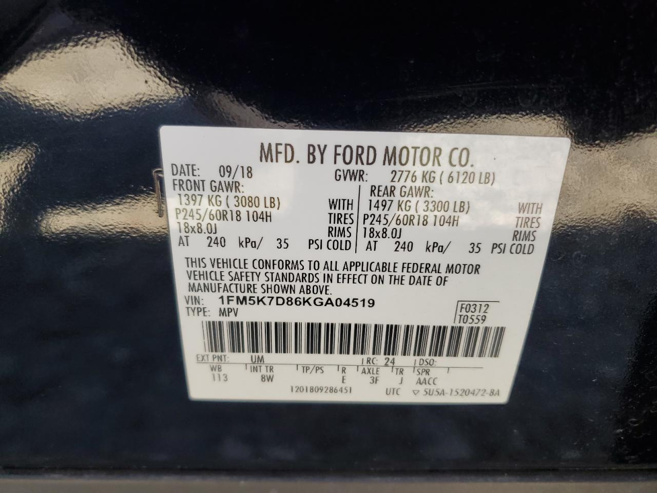 2019 Ford Explorer Xlt VIN: 1FM5K7D86KGA04519 Lot: 85079725