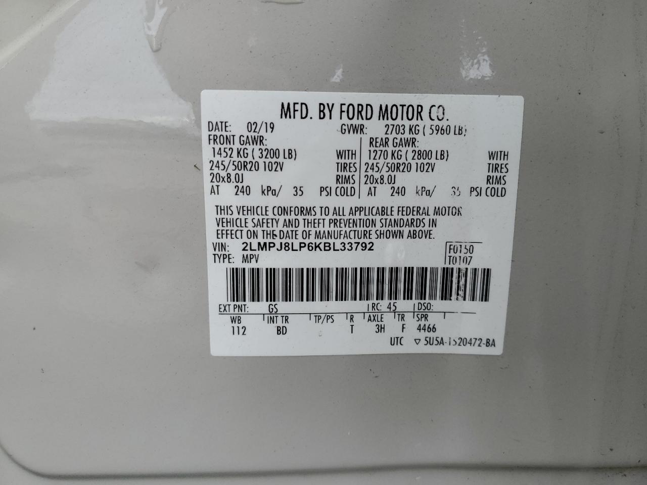 2019 Lincoln Nautilus Reserve VIN: 2LMPJ8LP6KBL33792 Lot: 85137525