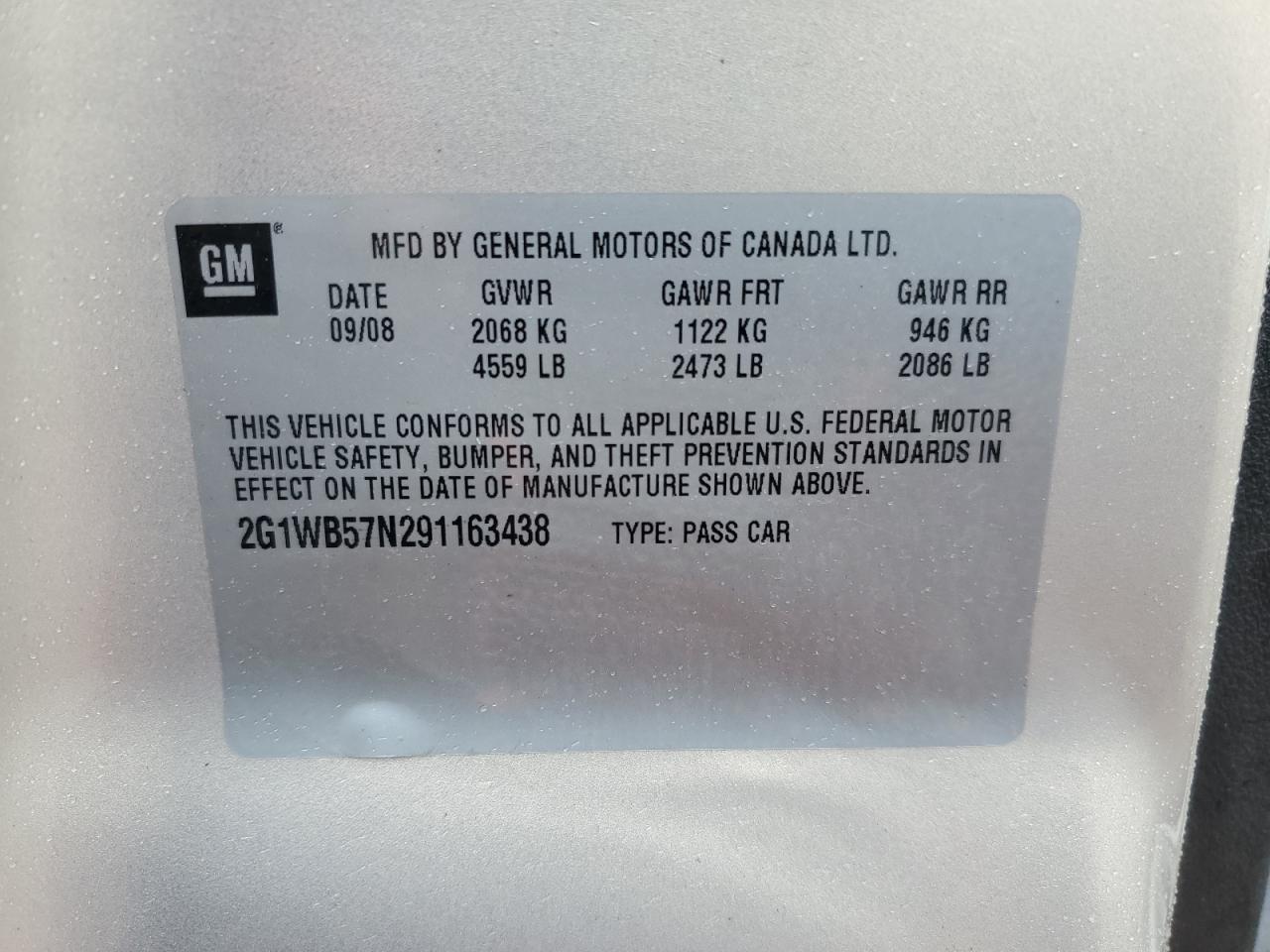 2009 Chevrolet Impala Ls VIN: 2G1WB57N291163438 Lot: 86256415