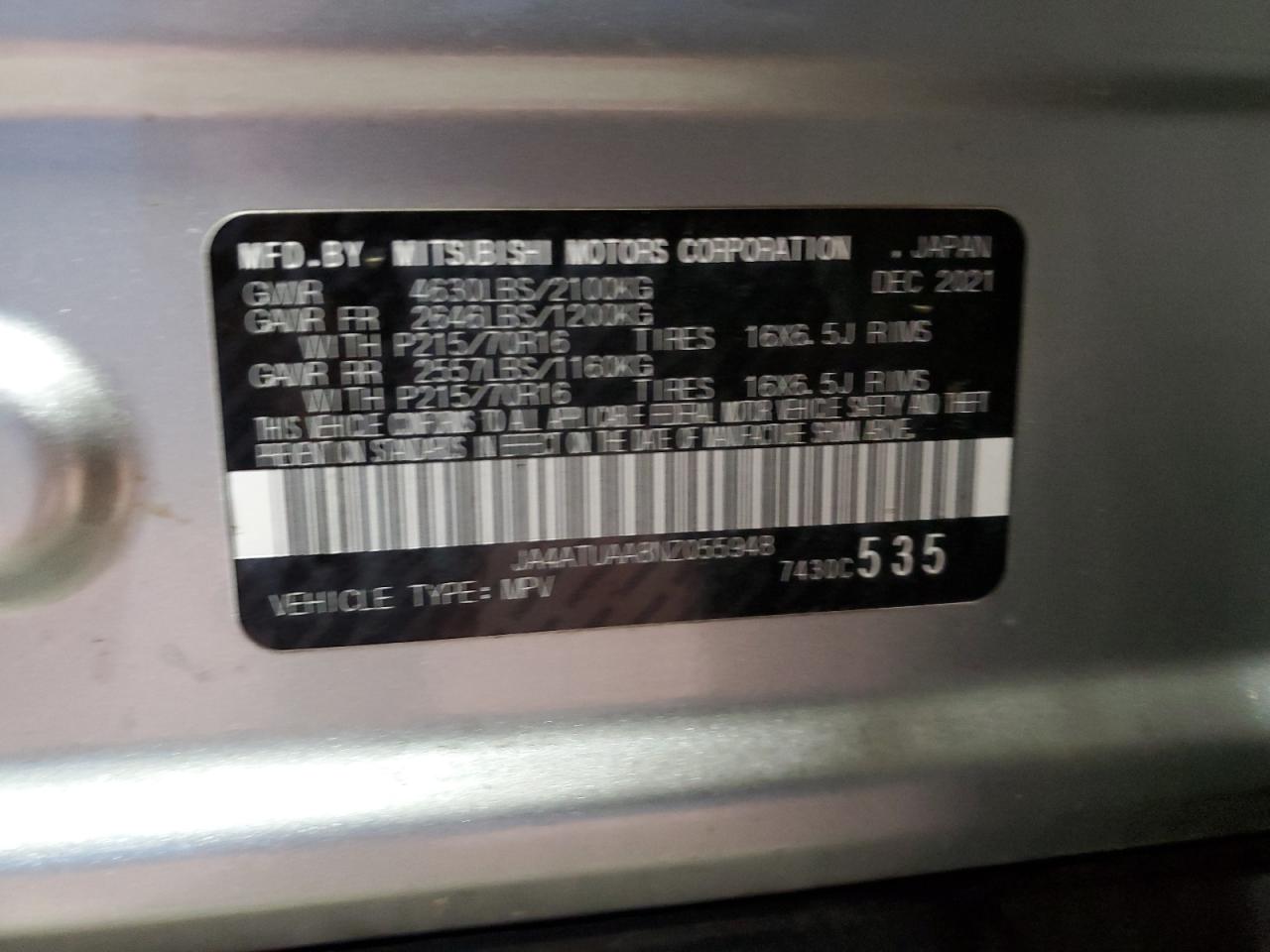 2022 Mitsubishi Eclipse Cross Es VIN: JA4ATUAA8NZ055948 Lot: 87072735