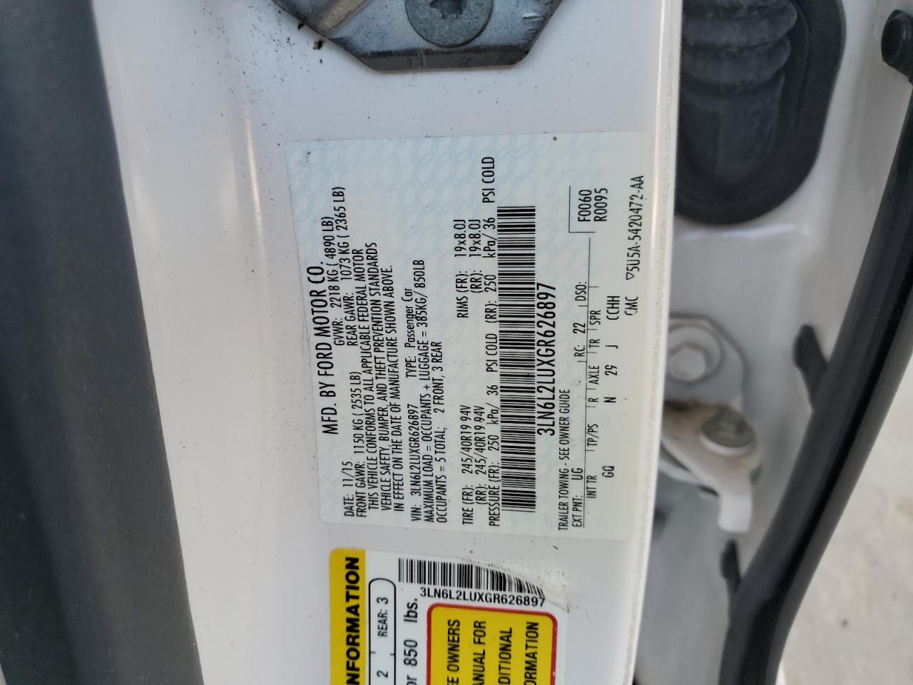2016 Lincoln Mkz Hybrid VIN: 3LN6L2LUXGR626897 Lot: 86139115