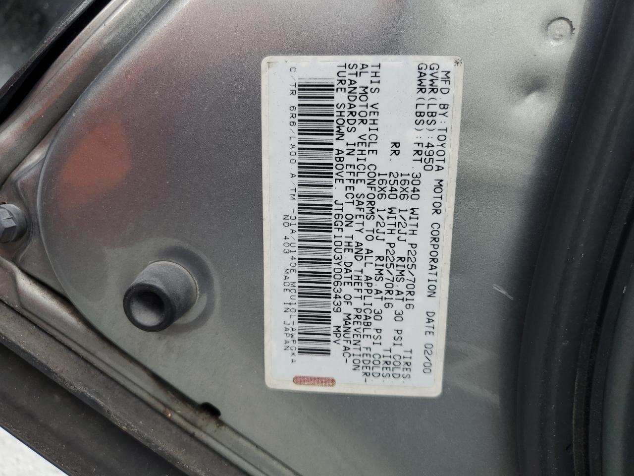 2000 Lexus Rx 300 VIN: JT6GF10U3Y0063439 Lot: 84723915