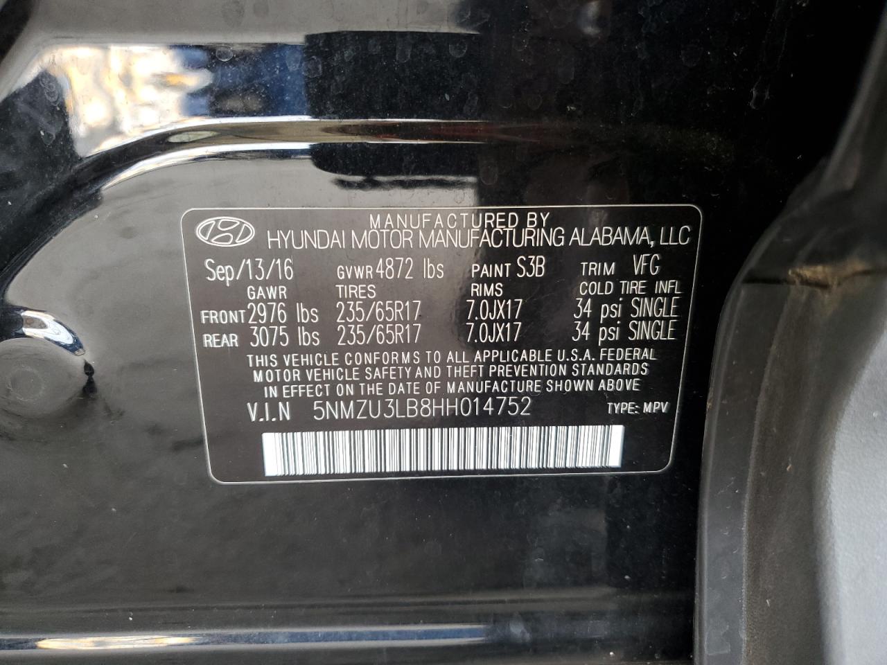 2017 Hyundai Santa Fe Sport VIN: 5NMZU3LB8HH014752 Lot: 82392555