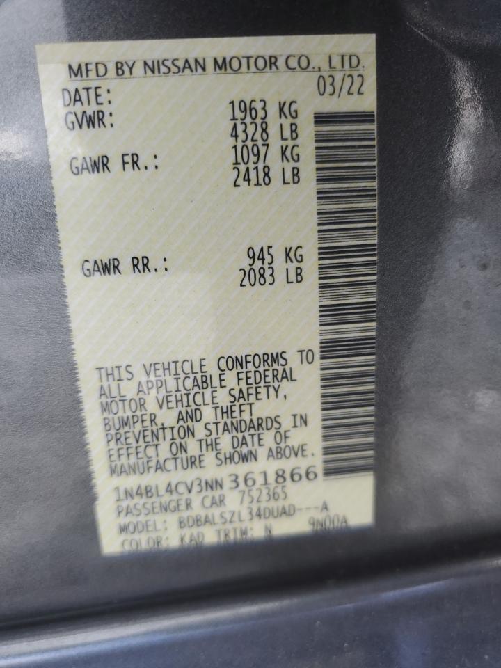 2022 Nissan Altima Sr VIN: 1N4BL4CV3NN361866 Lot: 82265175