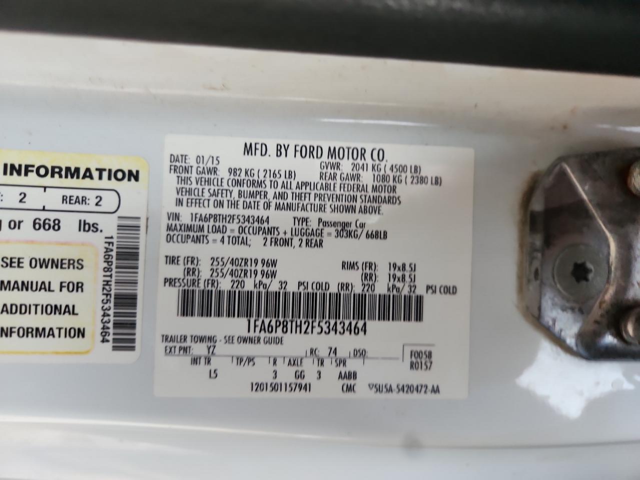 2015 Ford Mustang VIN: 1FA6P8TH2F5343464 Lot: 86621195