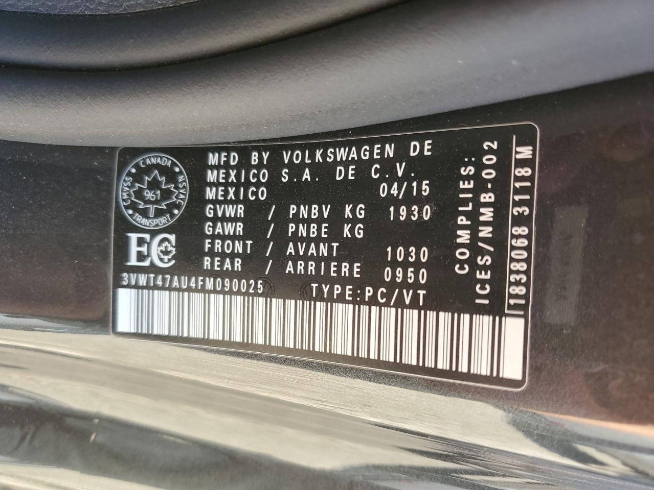 2015 Volkswagen Gti VIN: 3VWT47AU4FM090025 Lot: 86098845