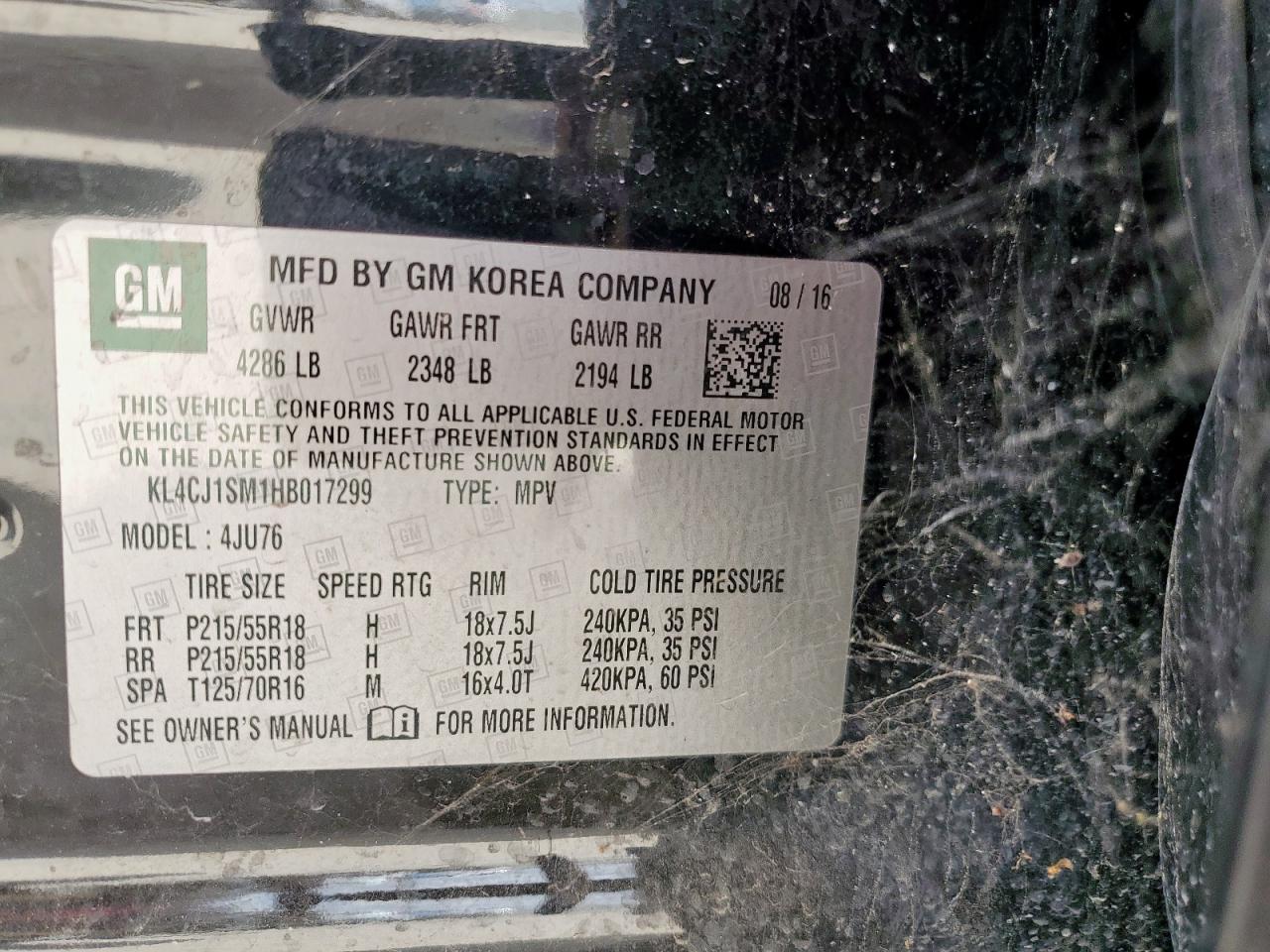 2017 Buick Encore Sport Touring VIN: KL4CJ1SM1HB017299 Lot: 85480405