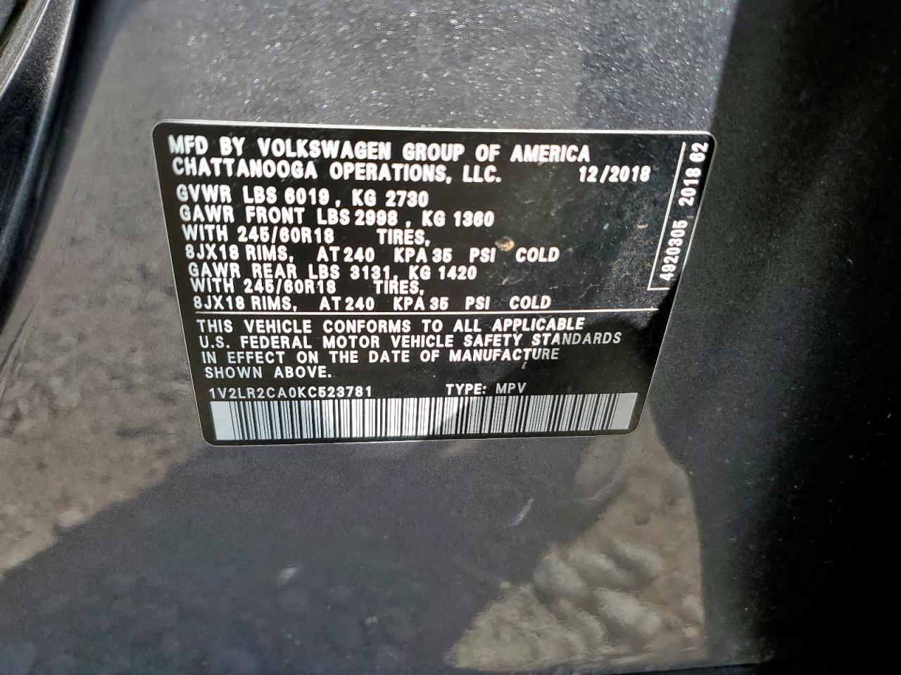 2019 Volkswagen Atlas Se VIN: 1V2LR2CA0KC523781 Lot: 82376605