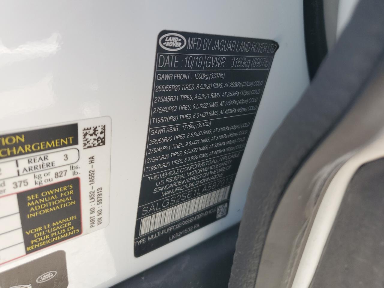 2020 Land Rover Range Rover P525 Hse VIN: SALGS2SE1LA587913 Lot: 89560835