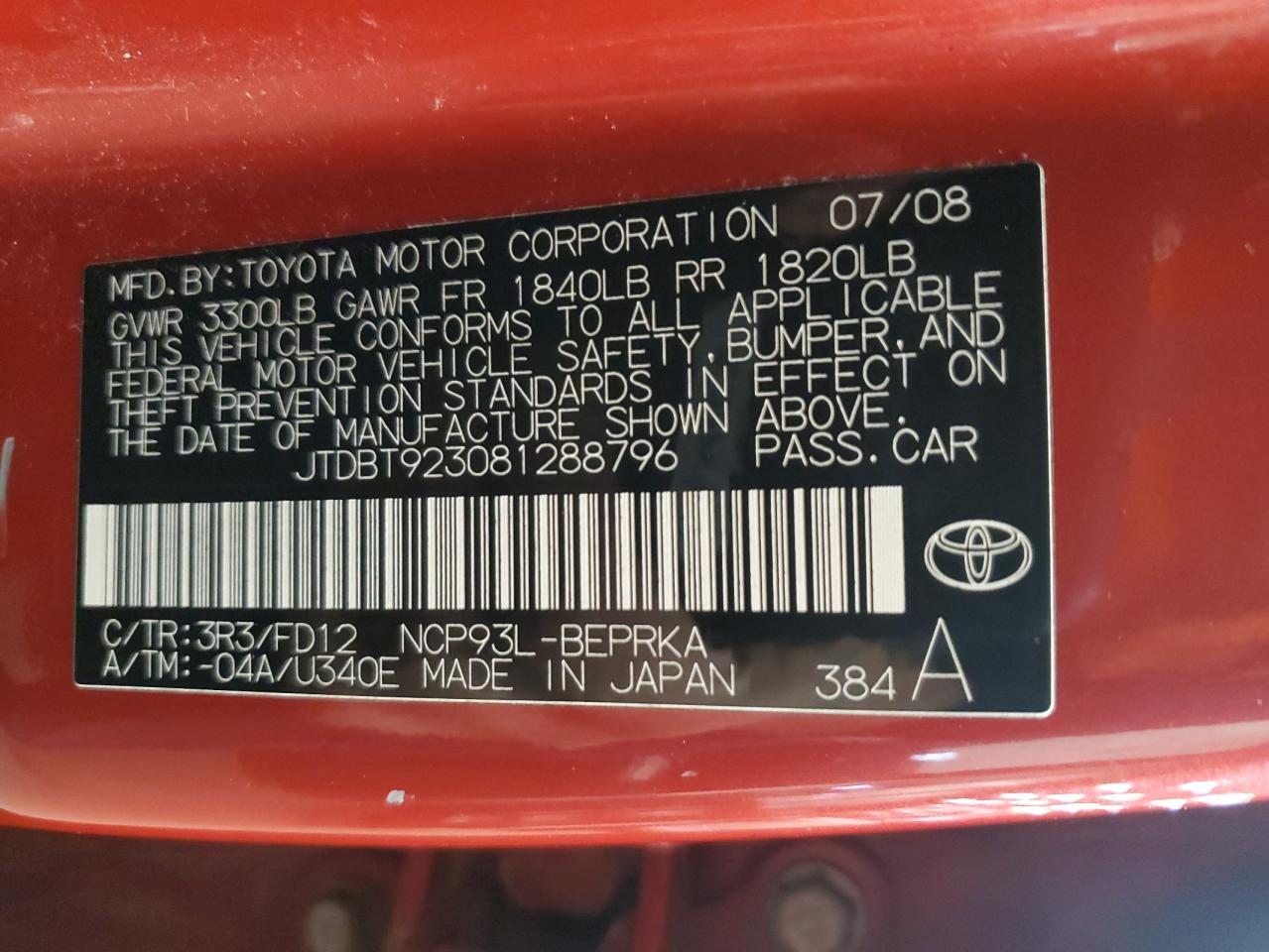 2008 Toyota Yaris VIN: JTDBT923081288796 Lot: 87479905