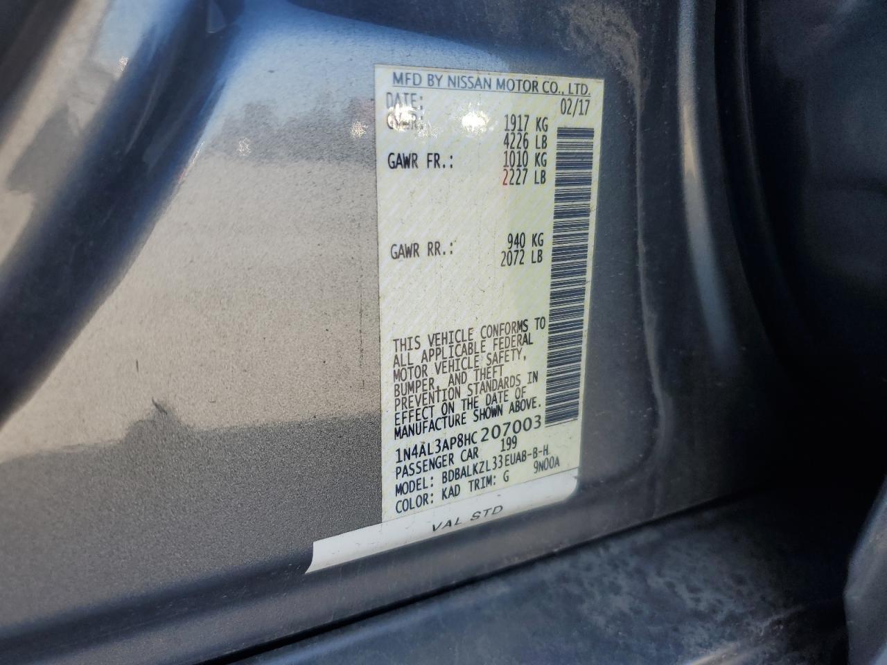 2017 Nissan Altima 2.5 VIN: 1N4AL3AP8HC207003 Lot: 85752595