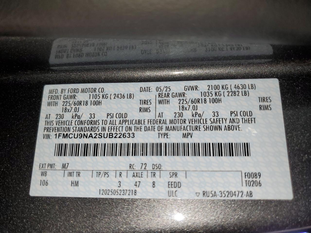 2025 Ford Escape St Line Select VIN: 1FMCU9NA2SUB22633 Lot: 86124765