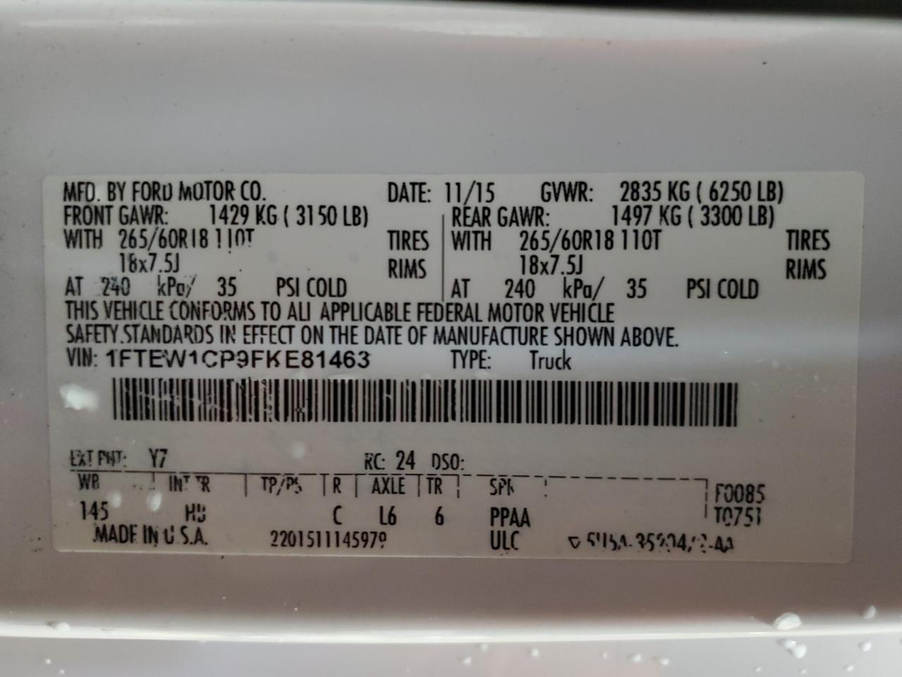 2015 Ford F150 Supercrew VIN: 1FTEW1CP9FKE81463 Lot: 90495725