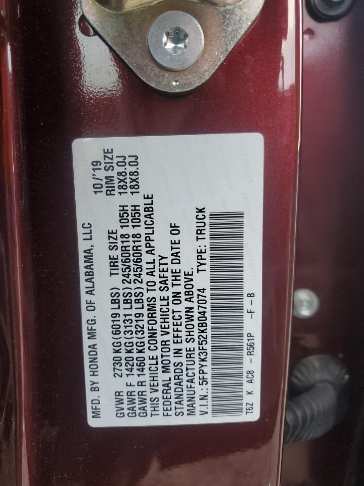 2019 Honda Ridgeline Rtl VIN: 5FPYK3F52KB047074 Lot: 85329585