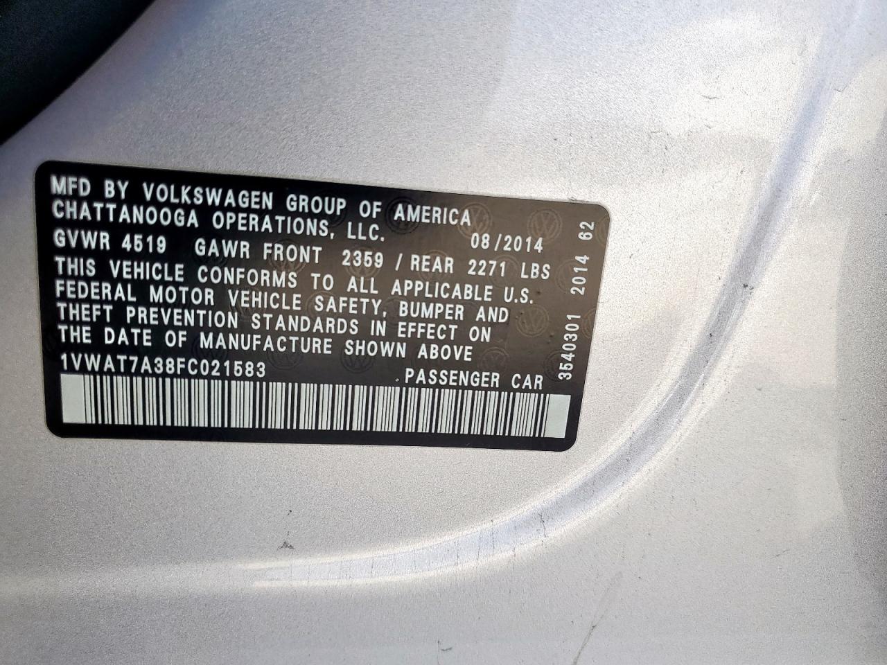 2015 Volkswagen Passat S VIN: 1VWAT7A38FC021583 Lot: 85674655