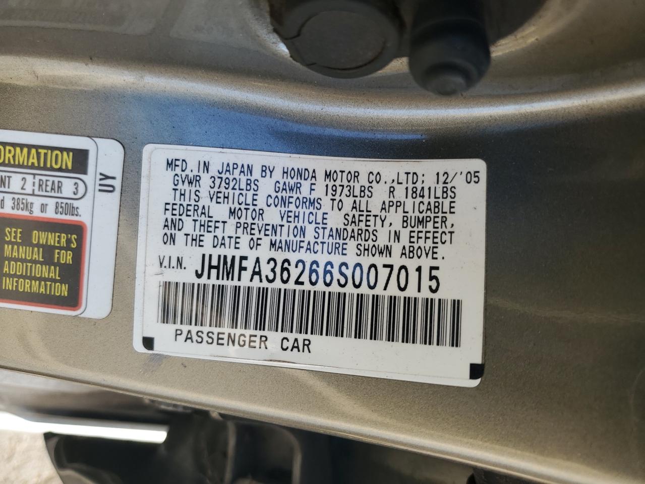 2006 Honda Civic Hybrid VIN: JHMFA36266S007015 Lot: 85596495