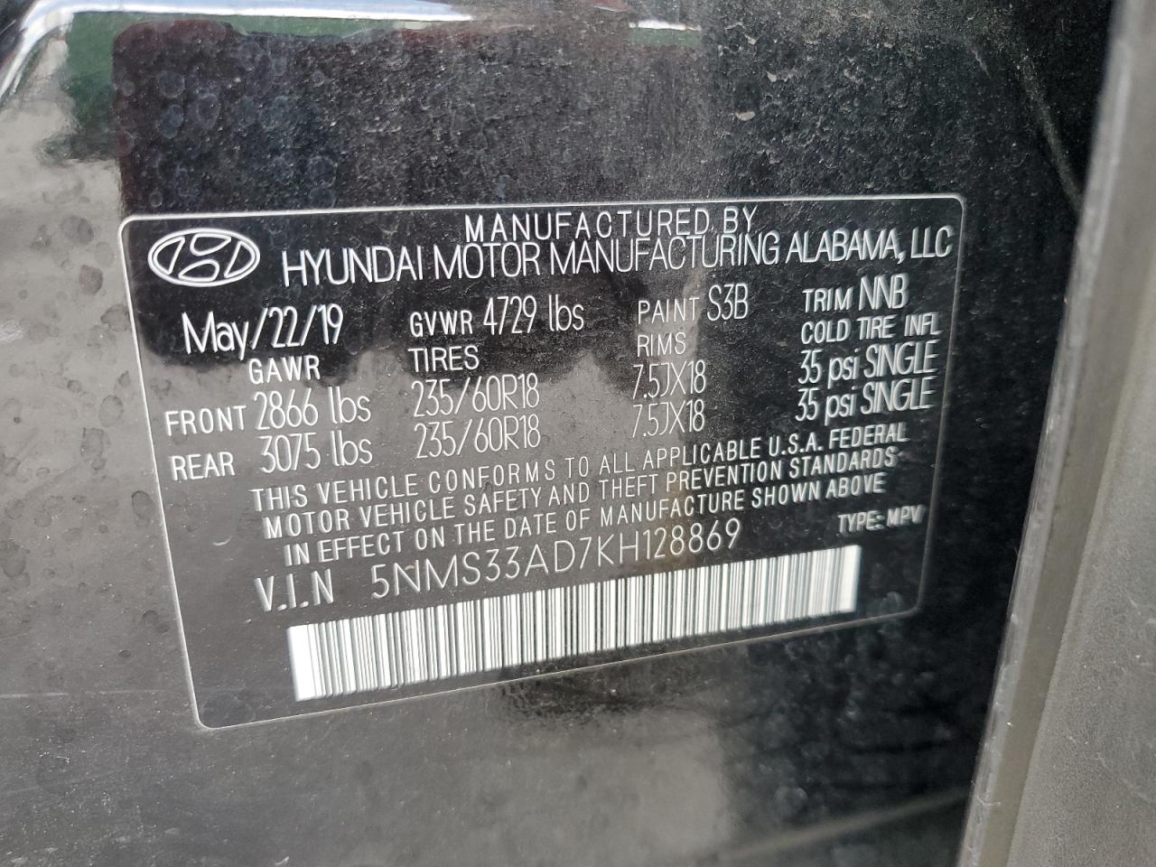 2019 Hyundai Santa Fe Sel VIN: 5NMS33AD7KH128869 Lot: 85722265