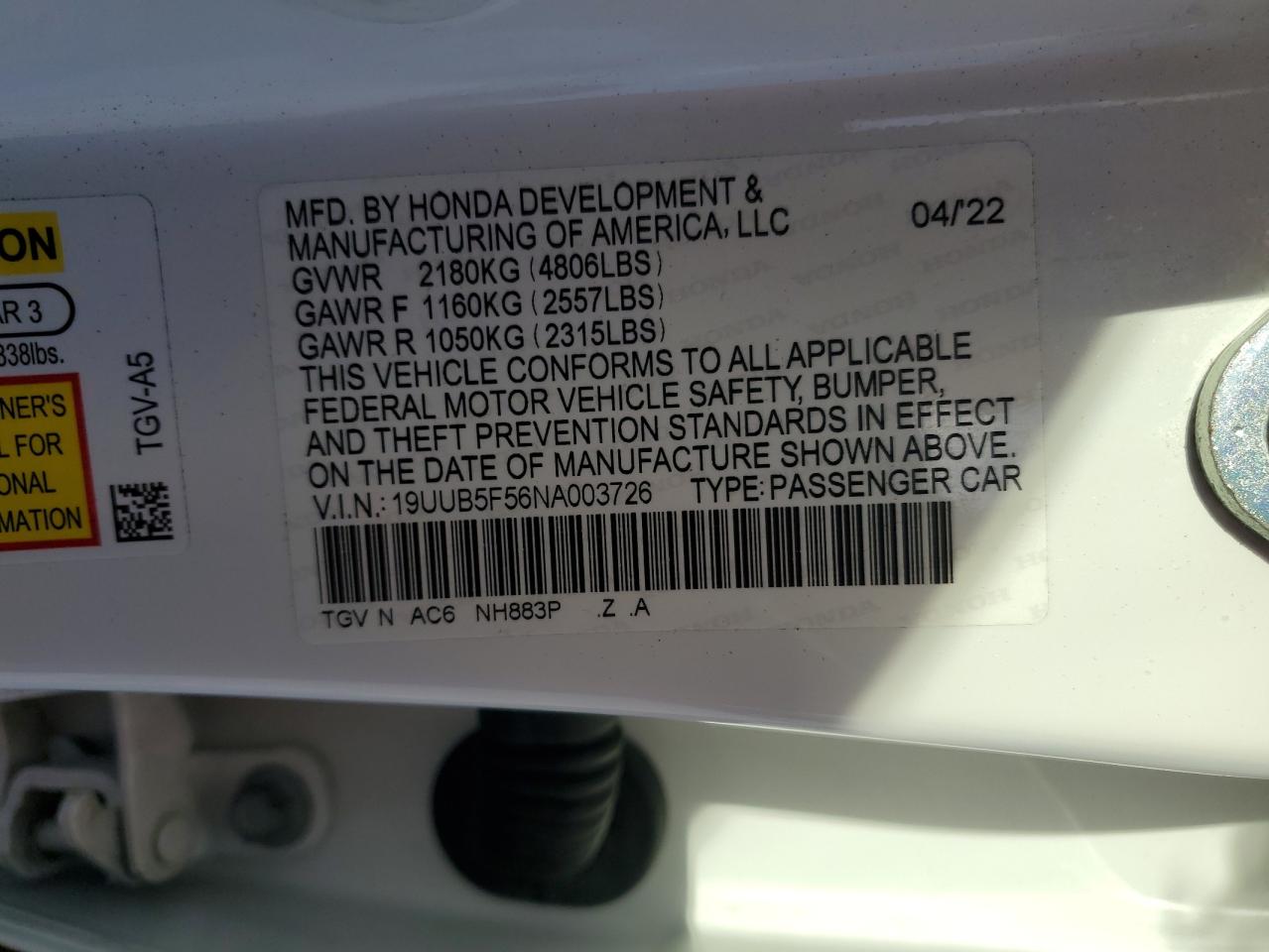 2022 Acura Tlx Tech A VIN: 19UUB5F56NA003726 Lot: 85878175