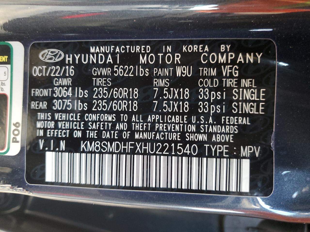 2017 Hyundai Santa Fe Se VIN: KM8SMDHFXHU221540 Lot: 85174315