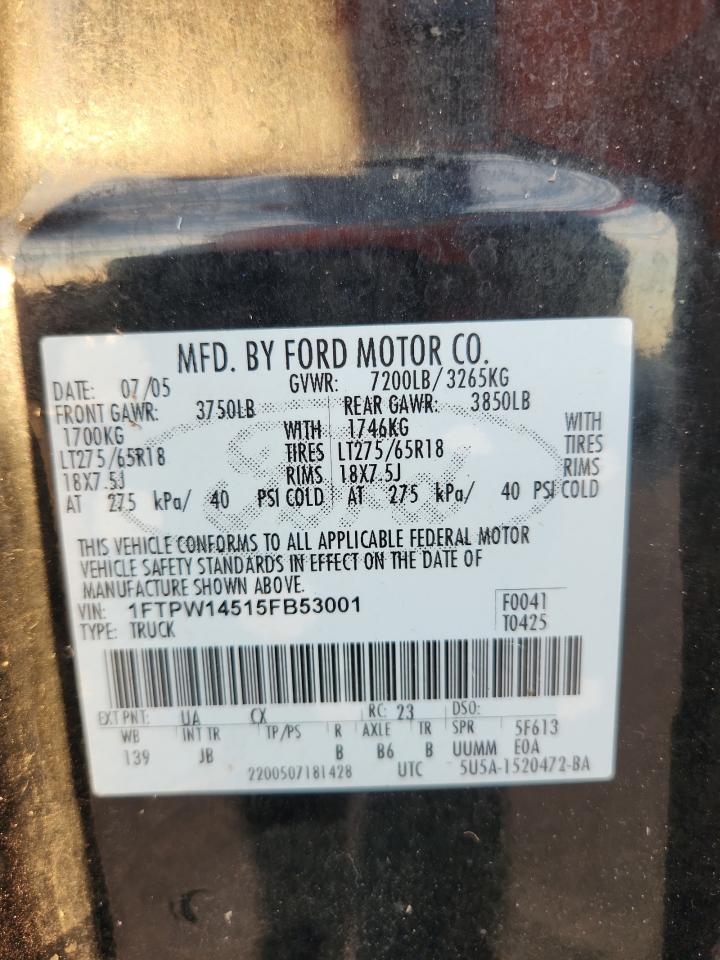 2005 Ford F150 Supercrew VIN: 1FTPW14515FB53001 Lot: 81884395