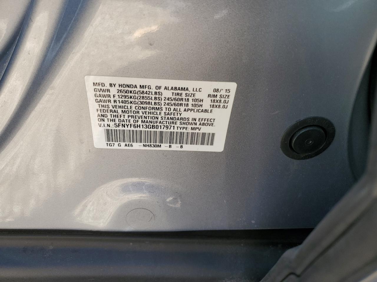 2016 Honda Pilot Lx VIN: 5FNYF6H13GB017971 Lot: 90604255