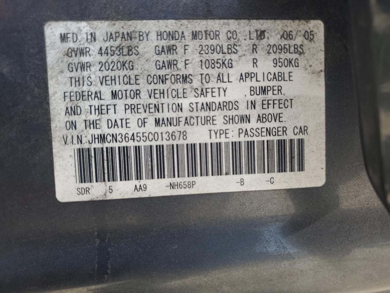 2005 Honda Accord Hybrid VIN: JHMCN36455C013678 Lot: 84961195